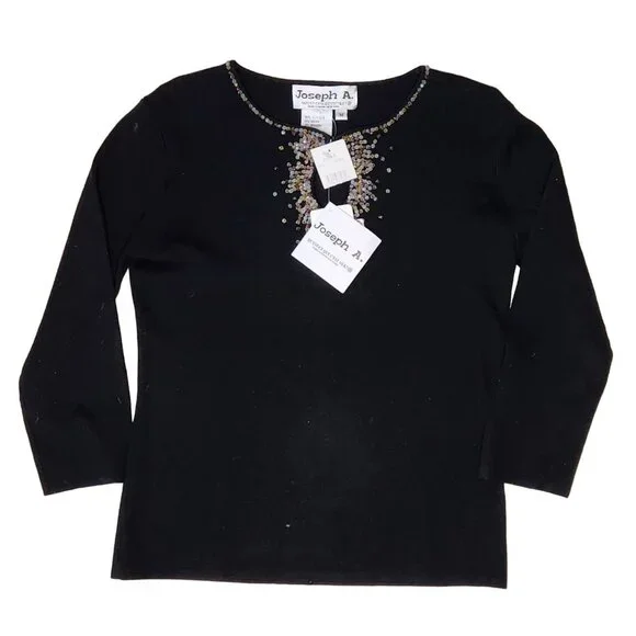 Vtg 90s Medium Sweater Black Sequin Silk Blend Keyhole Glam Sexy NOS Joseph A - Picture 3 of 7